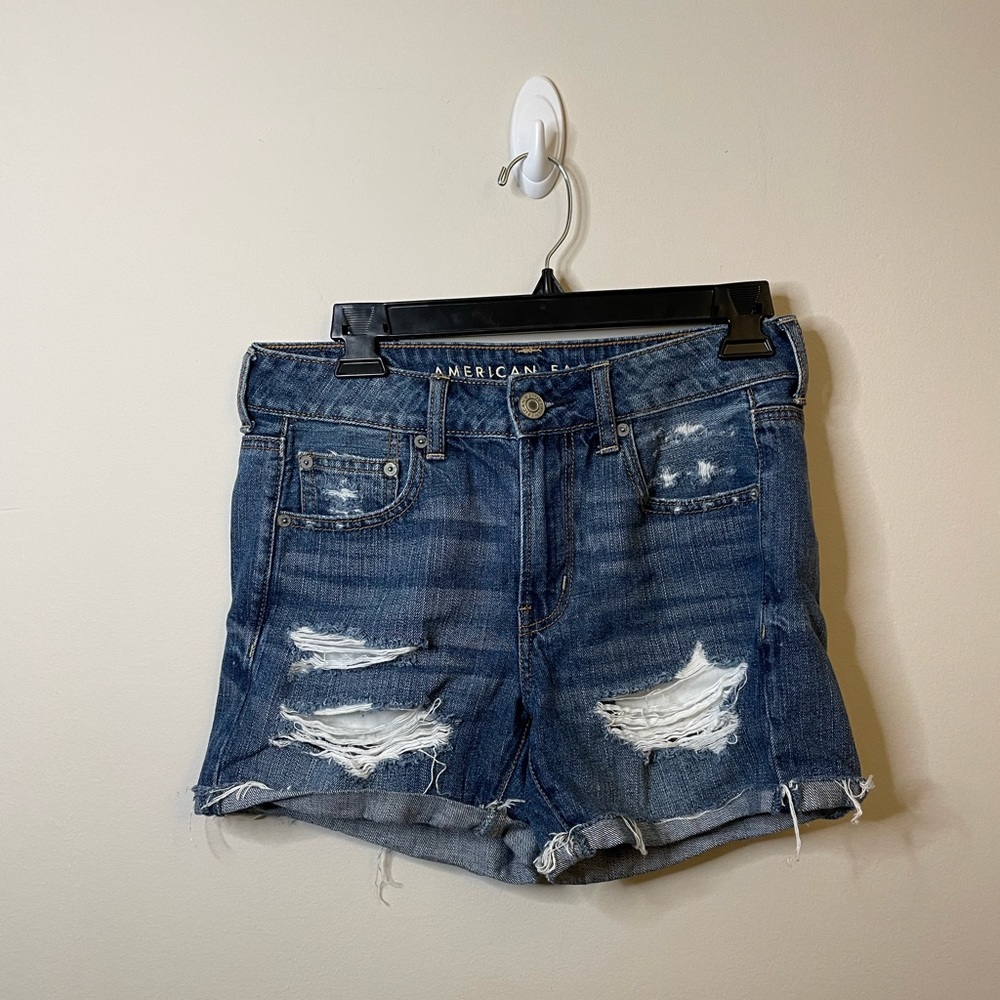 American Eagle Dark Wash Distressed Tomgirl Midi Denim Shorts Spring Summer